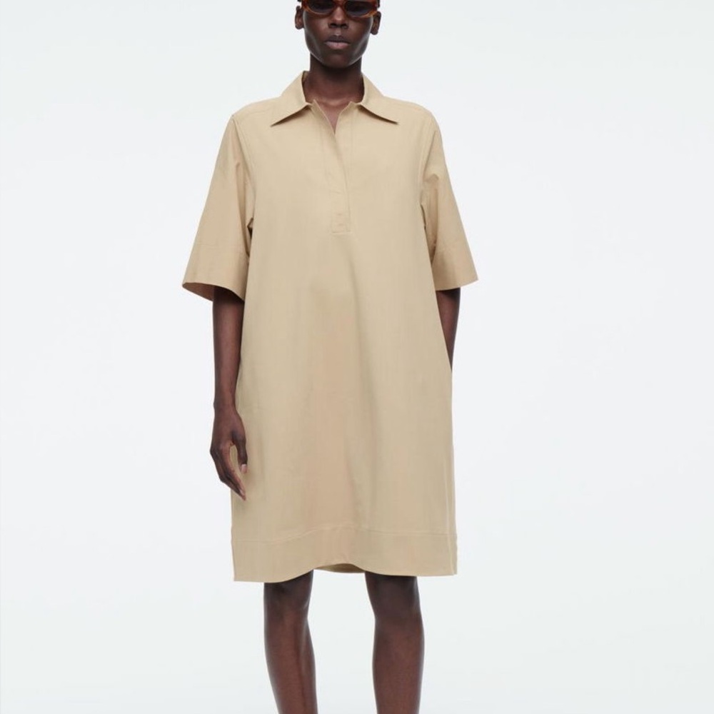 COS Open Collar Shirtdress Women Sz XS Beige Minimalist Capsule Wardrobe Short